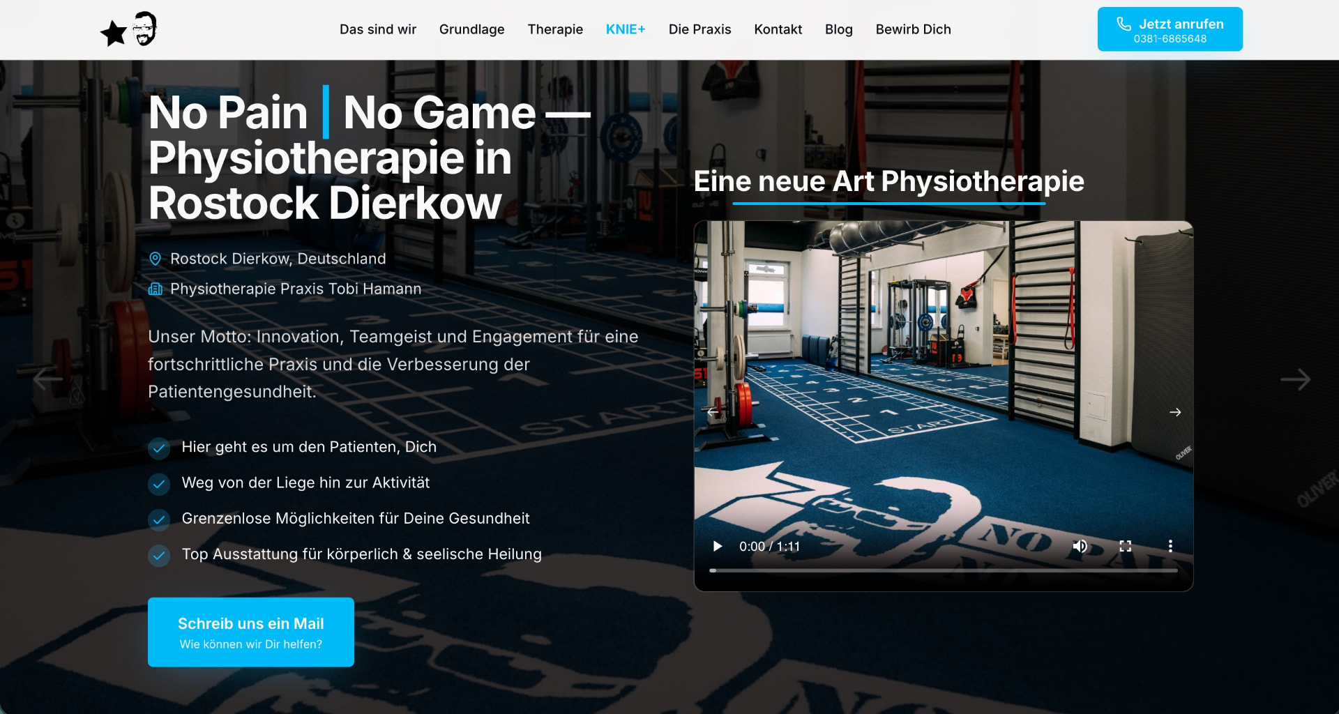 Website-Startseite der Physiotherapie-Praxis No Pain No Game in Rostock Dierkow